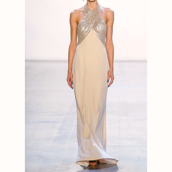 NWT Tadashi Shoji Champagne Halter Sequin Crepe Maxi Gown Dress Size 16 - Picture 1 of 16